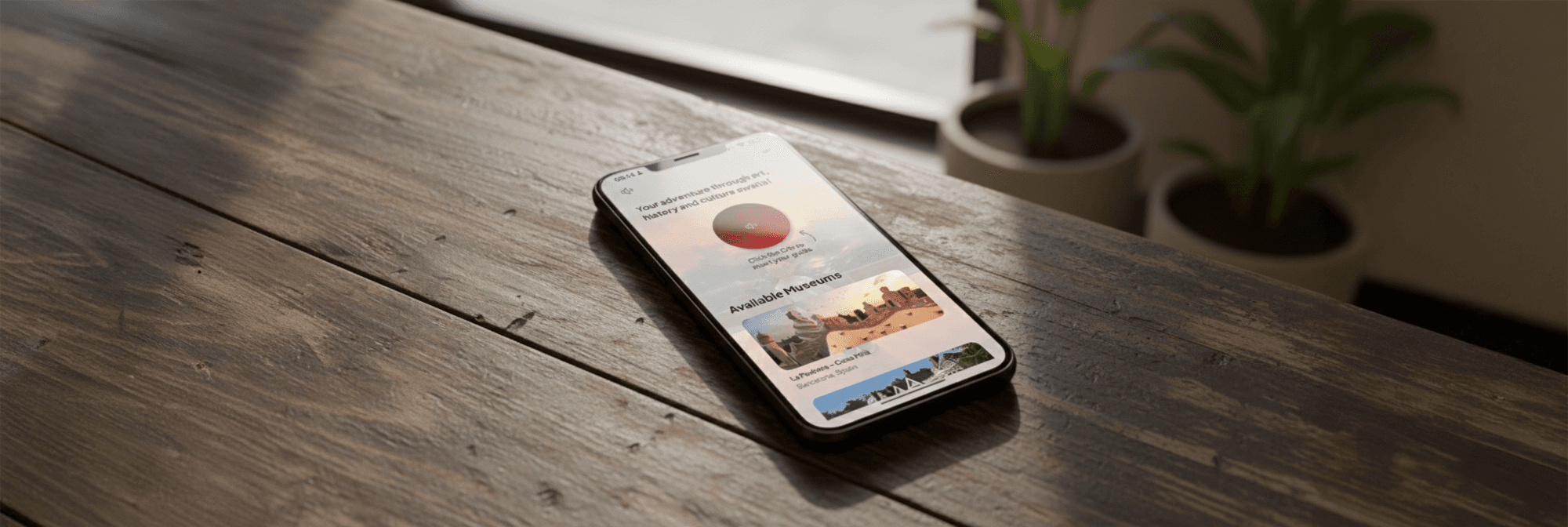 Smartphone on a wooden table displaying the AITourPilot app