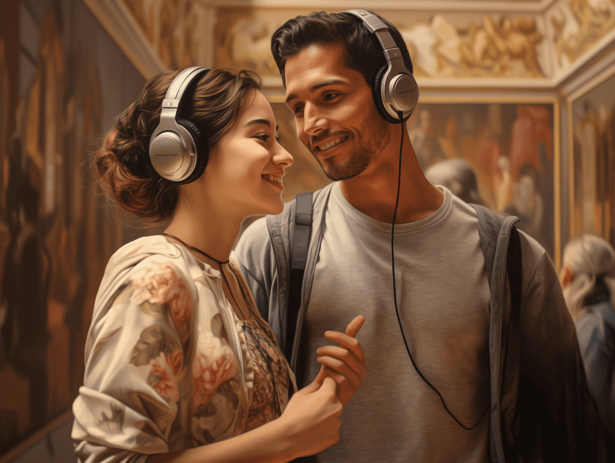 Young couple with headphones exploring a museum
