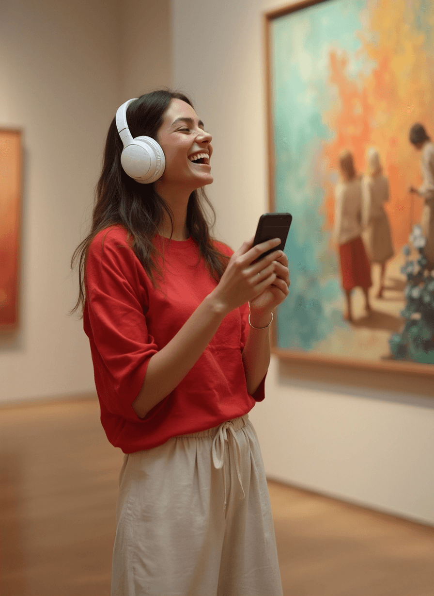 A young woman with headphones laughing while visiting an art gallery