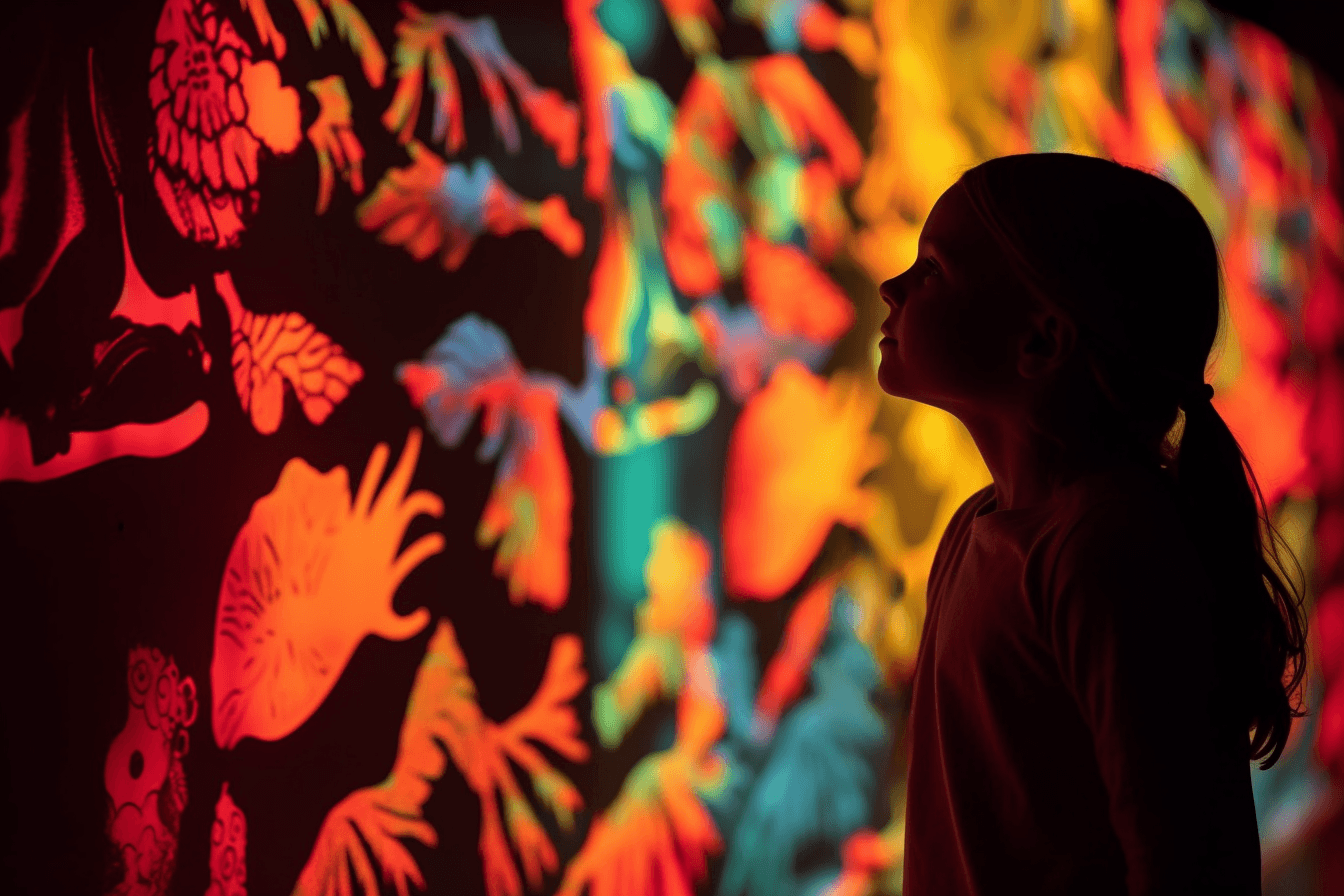 Silhouette of a girl with headphones in a museum