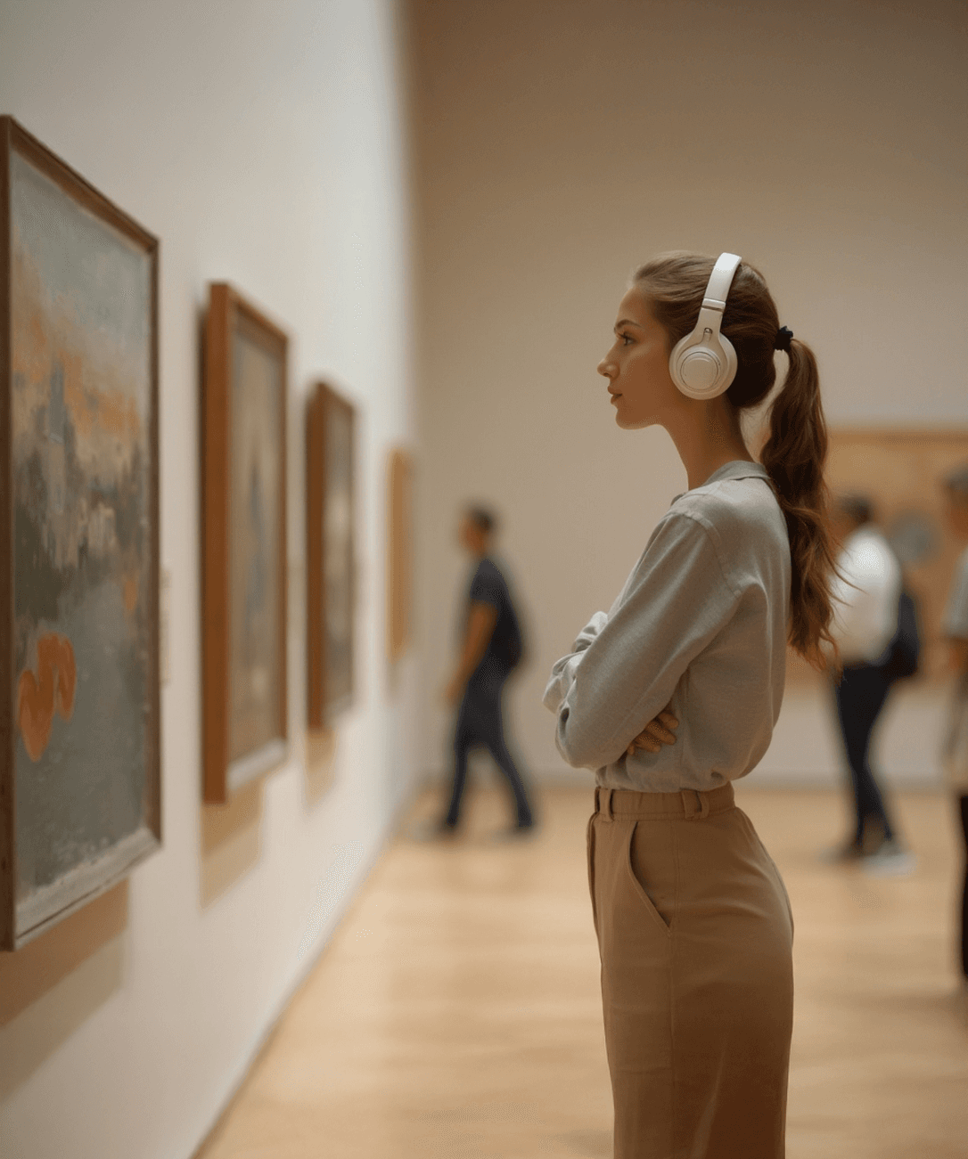 Woman wearing headphones in an art museum