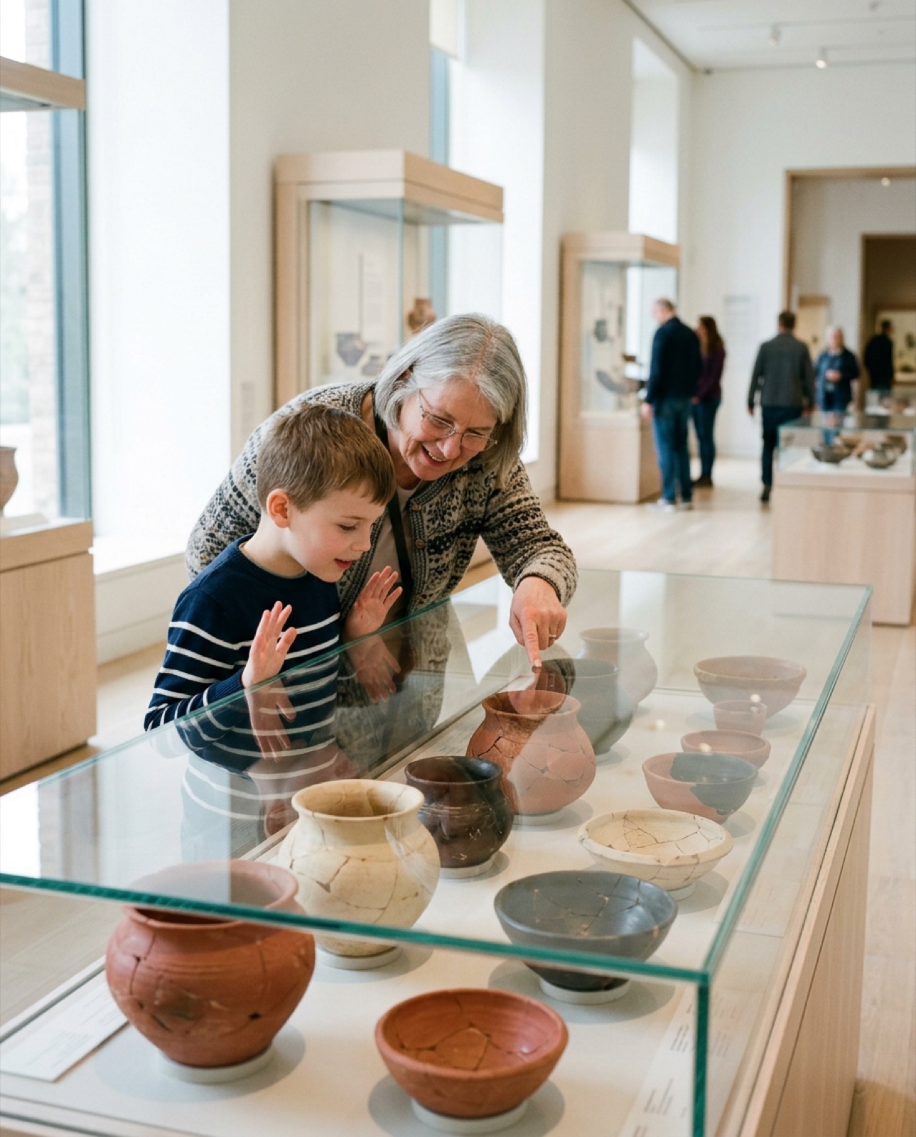 A woman leans over a display case of pottery with a young boy, pointing at one of the vessels.