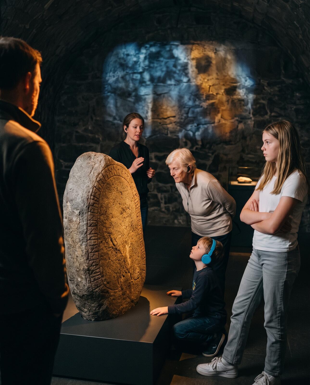 Five visitors around a runestone in a vaulted room: a guide mid-sentence, an older woman leaning in close, a boy crouching with headphones on, a teenager with her arms folded, and a man watching from the edge of the light.