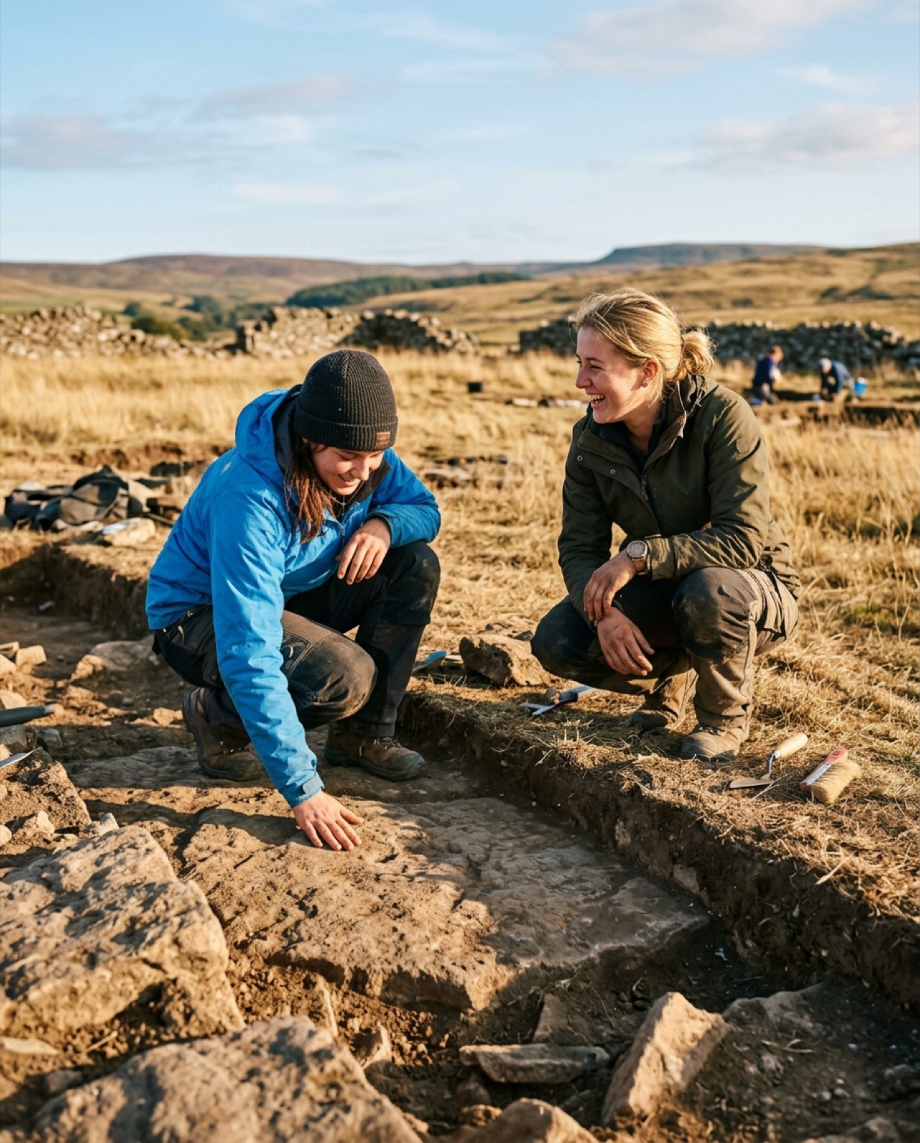 Two people crouch at the edge of an excavation trench, one resting a hand on the exposed stone floor.