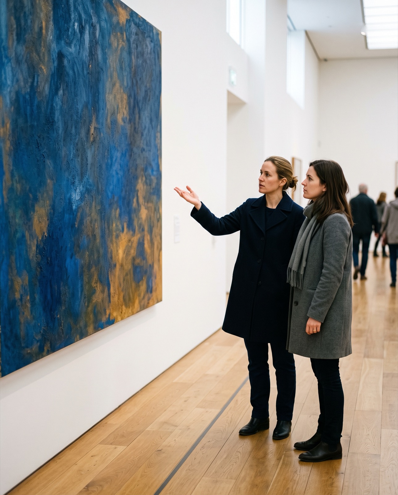 Two women stand in front of a large abstract painting; one gestures towards a passage in the canvas.