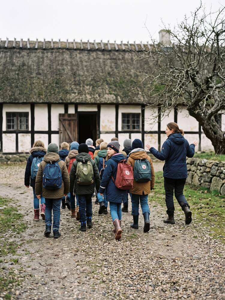 A school class walks across a gravel yard towards the open door of an old thatched farm building, their teacher beside them.