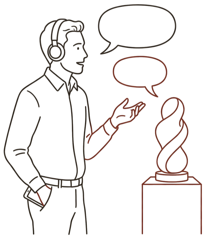 The same visitor talking to the sculpture
          with both hands and eyes up, two speech bubbles between them.