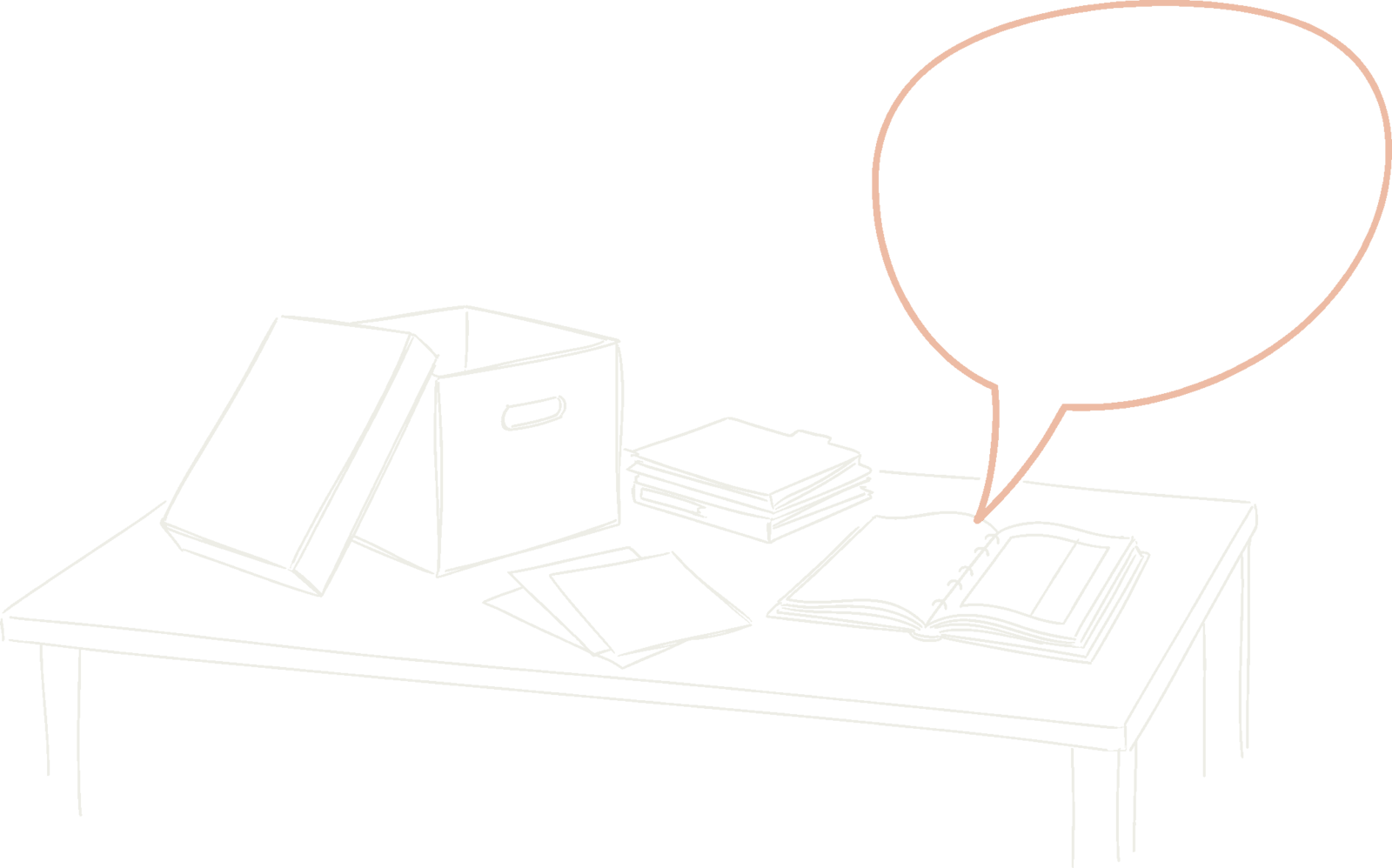 Ein geöffneter Archivkarton, Mappen und lose Blätter auf einem Tisch, darüber eine einzelne leere Sprechblase über einem aufgeschlagenen Registerbuch.