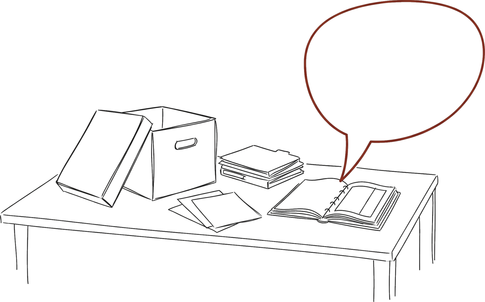 An open archive box, folders and loose papers
      on a table, with a single empty speech bubble rising from an open ledger.