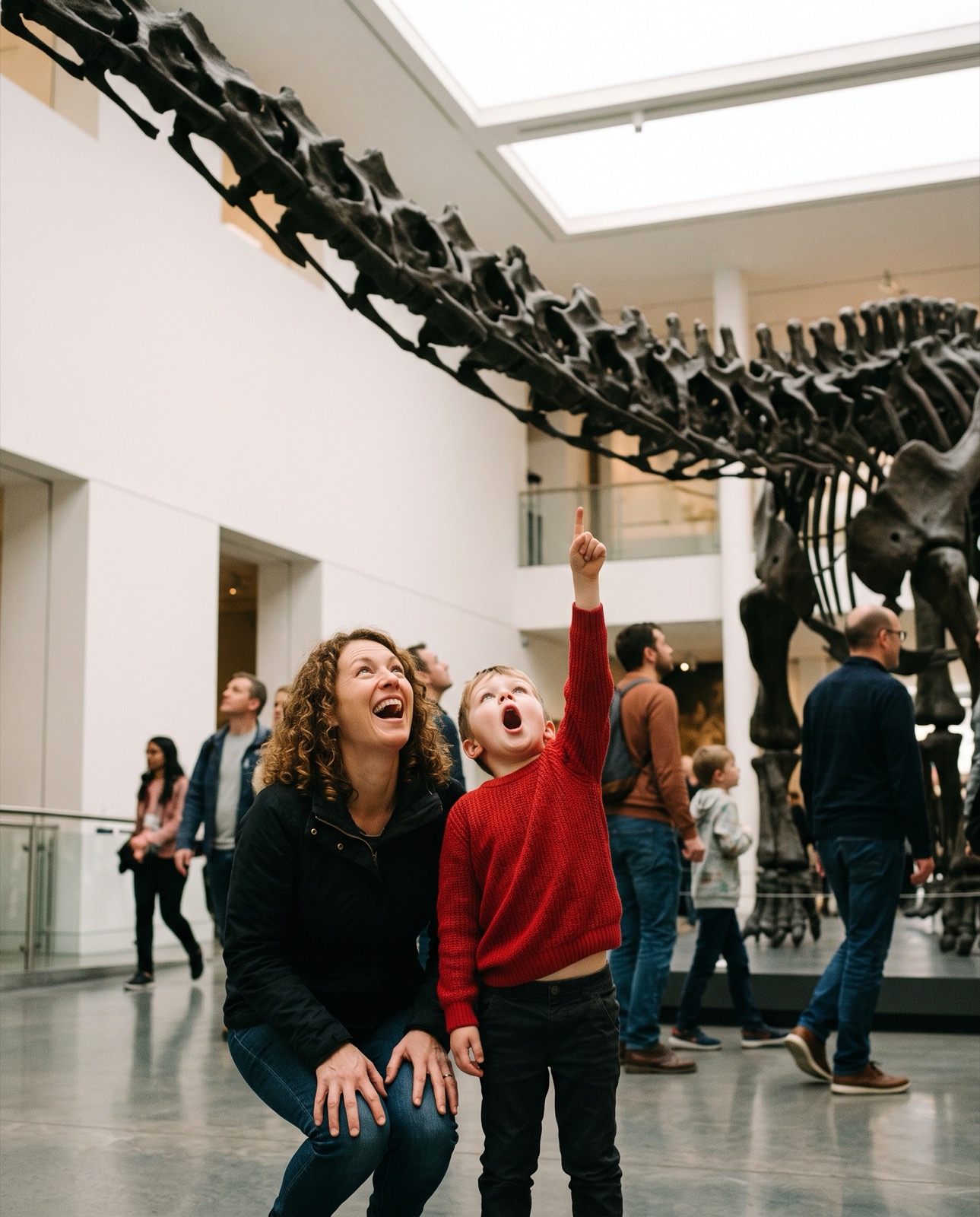 A child points up at the tail of a large dinosaur skeleton while a woman crouches beside him.