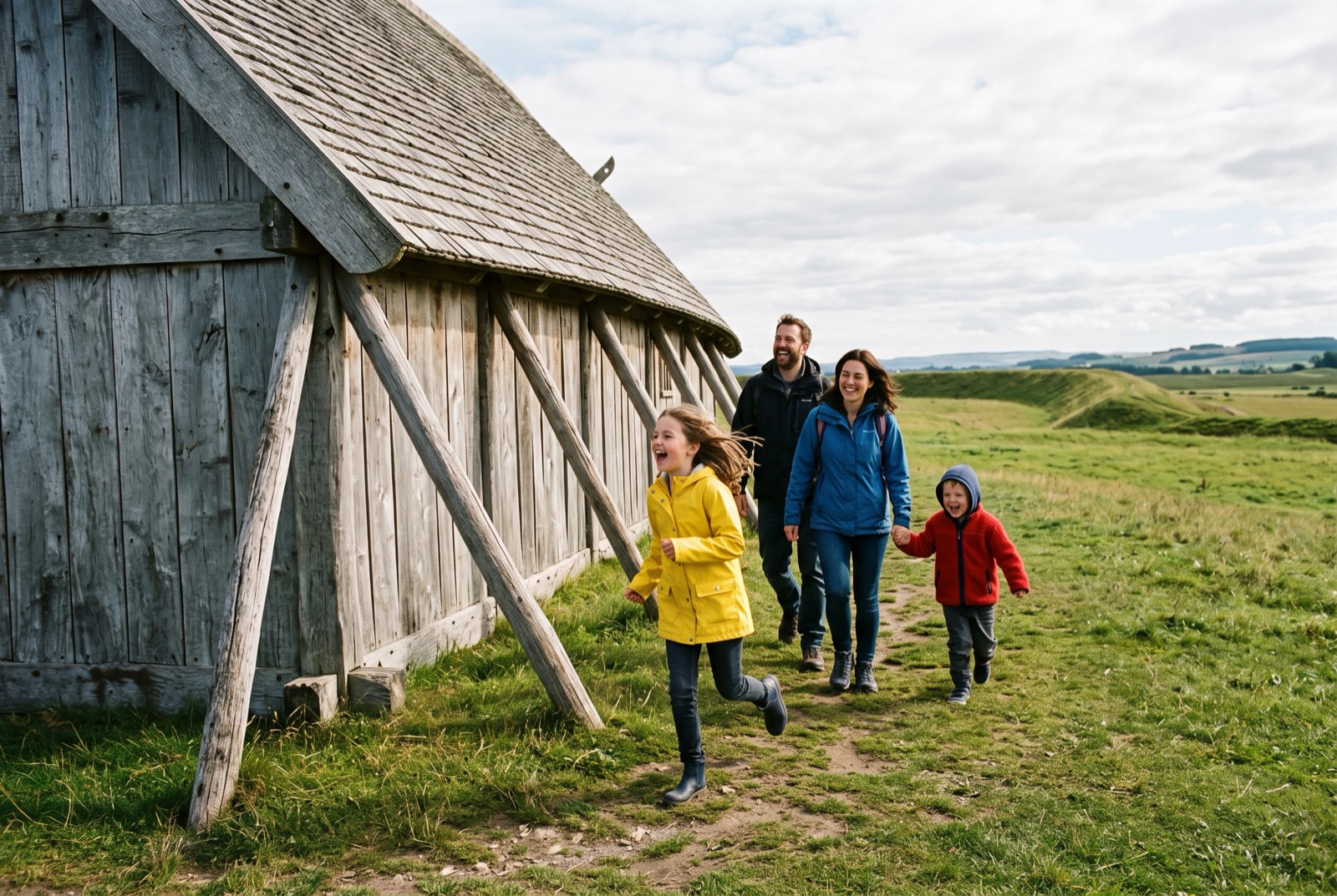 A family walks past a reconstructed longhouse on open grassland, a child running ahead.