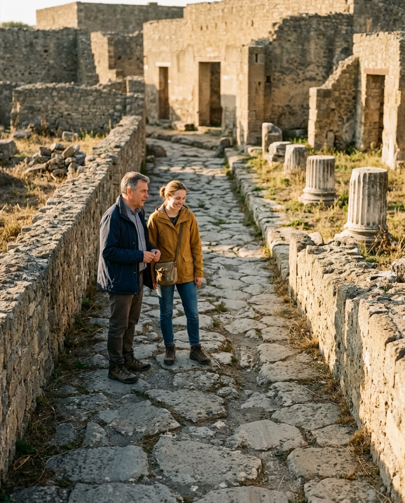 An older man and a younger woman stand talking on a paved street between stone ruins.