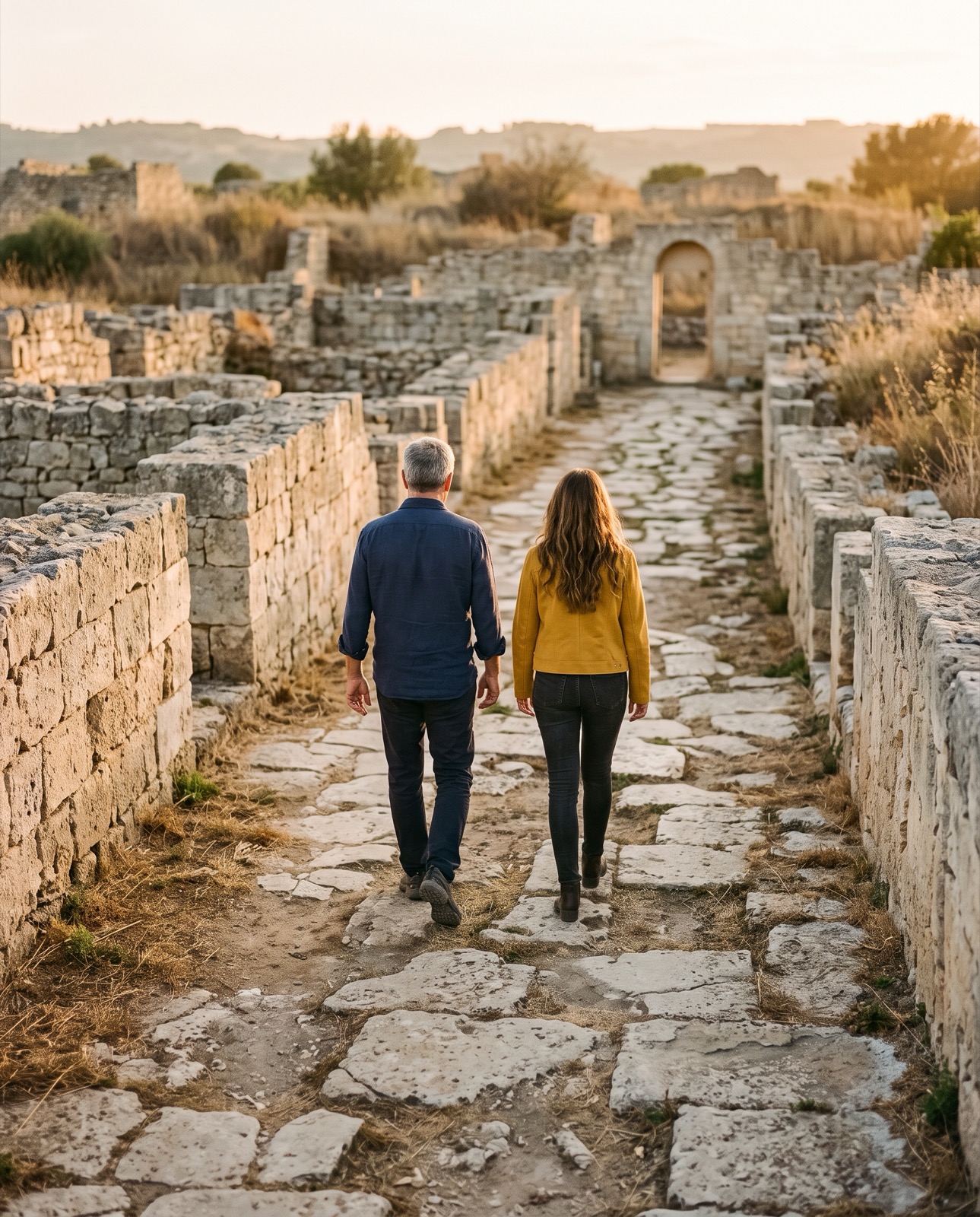 Two people walk a paved street between low stone ruins in evening light.